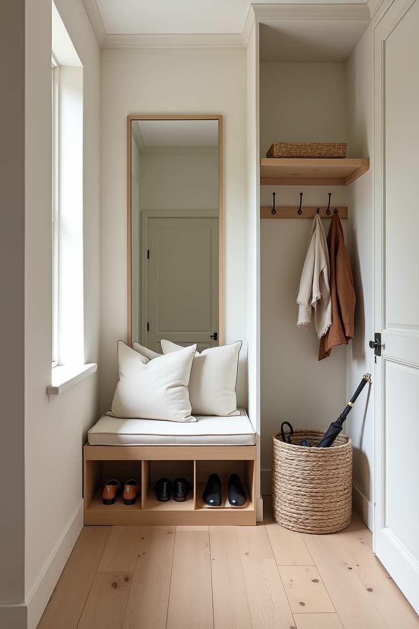 smart storage entryway mirror ideas — low storage bench with visible push-out drawers featuring bench with pull-out shoe drawers and woven basket storage