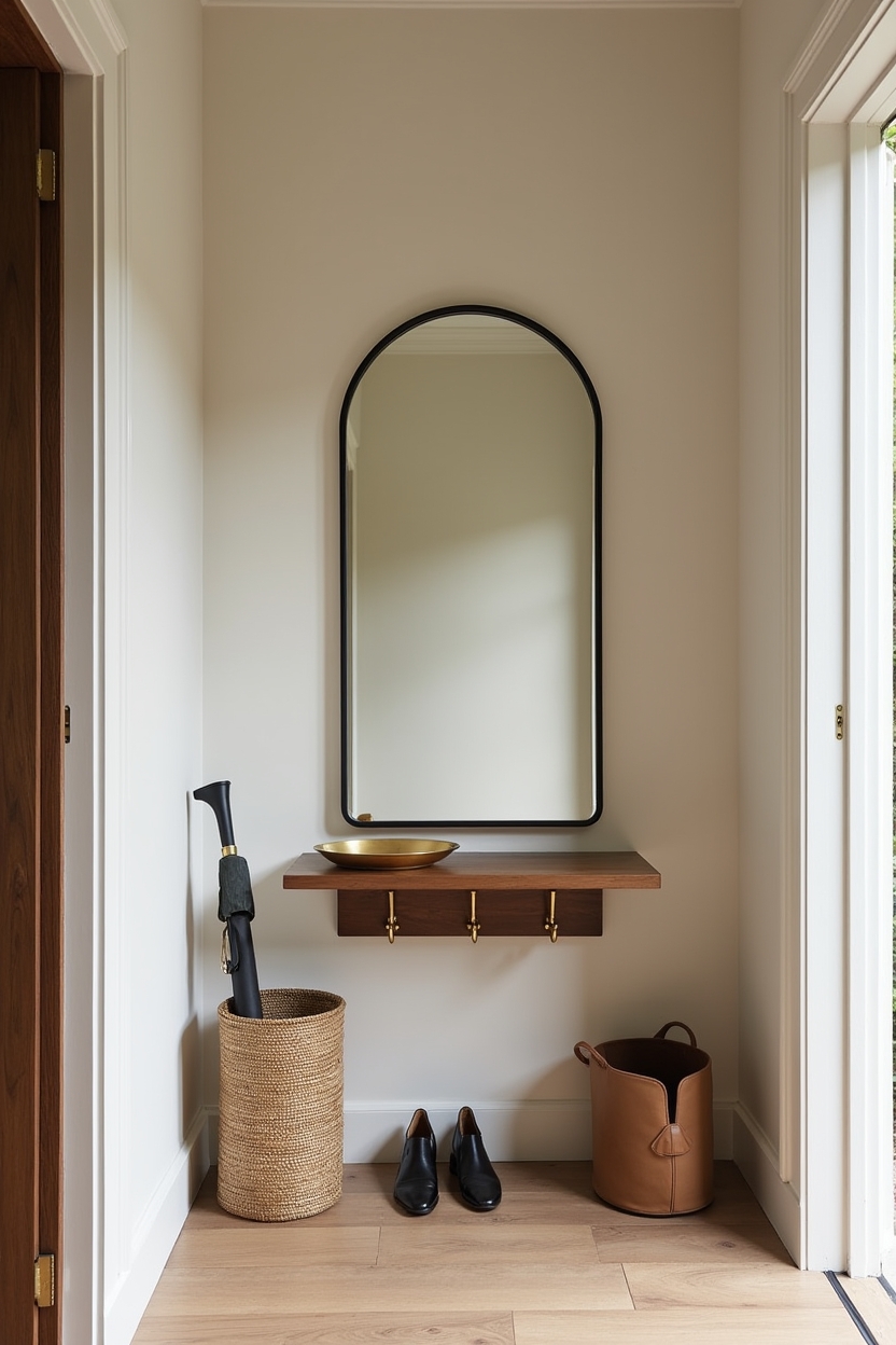 smart storage entryway mirror ideas — oversized arched mirror featuring oversized arched mirror with slim valet shelf and brass hooks