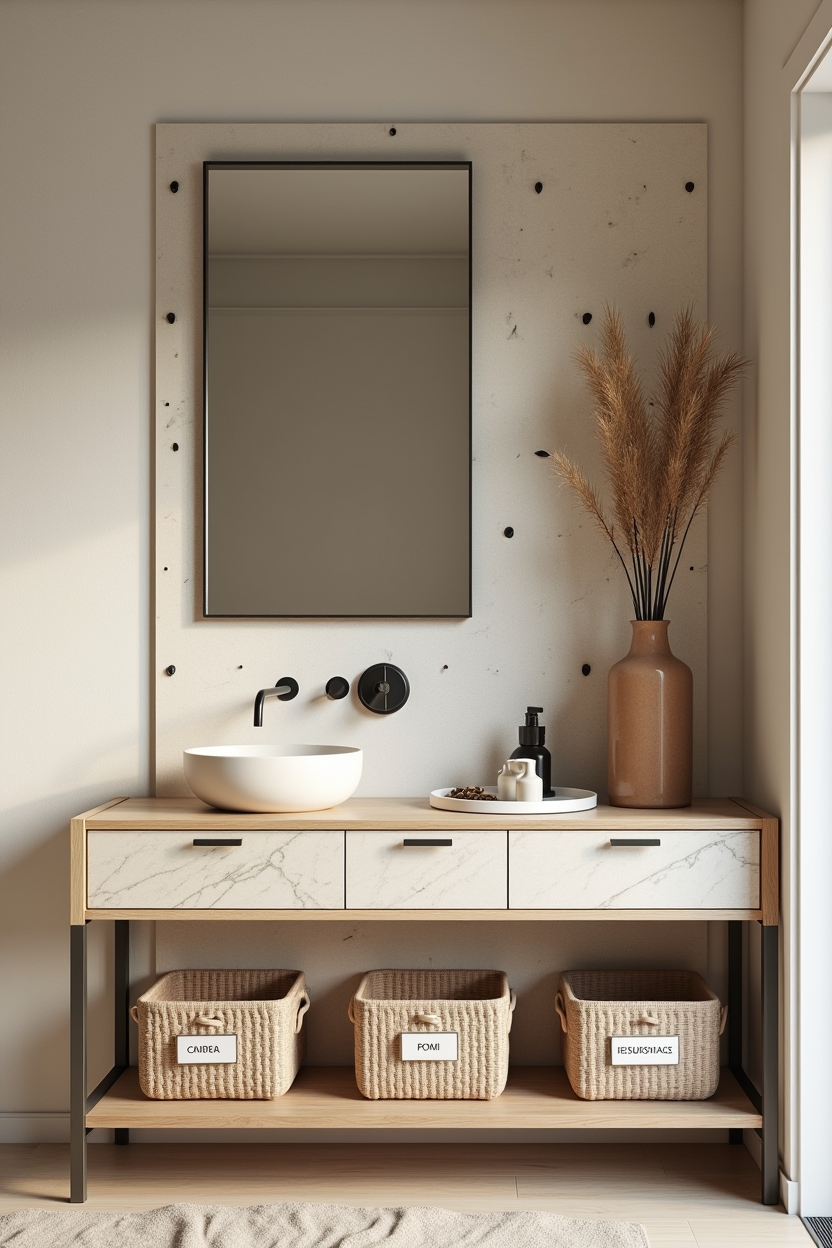 smart storage entryway mirror ideas — vertical oak mirror featuring modular pegboard console with labeled cubby bins