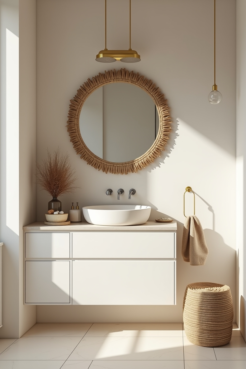 seagrass-wrapped round mirror and woven storage home decor