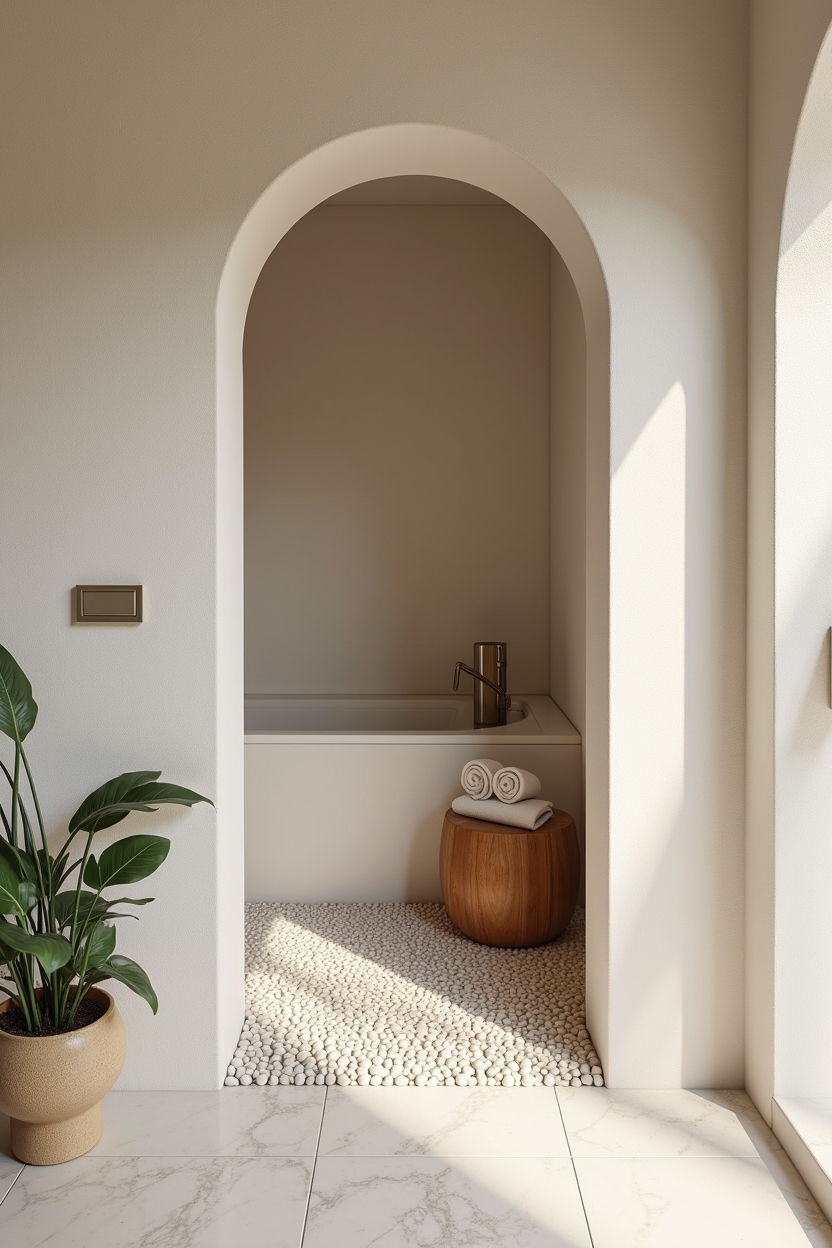 open arched wet room entry with textured plaster and recessed niche home decor