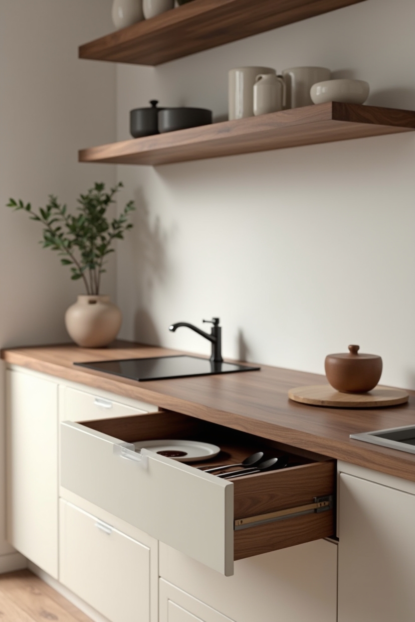 low-profile walnut shelf with hidden pull-out drawer home decor