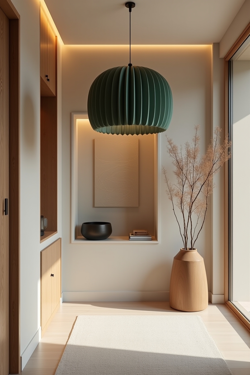 deep green entryway lighting ideas — matte forest-green sculptural pendant (folded metal or pleated glass) featuring oversized sculptural pendant