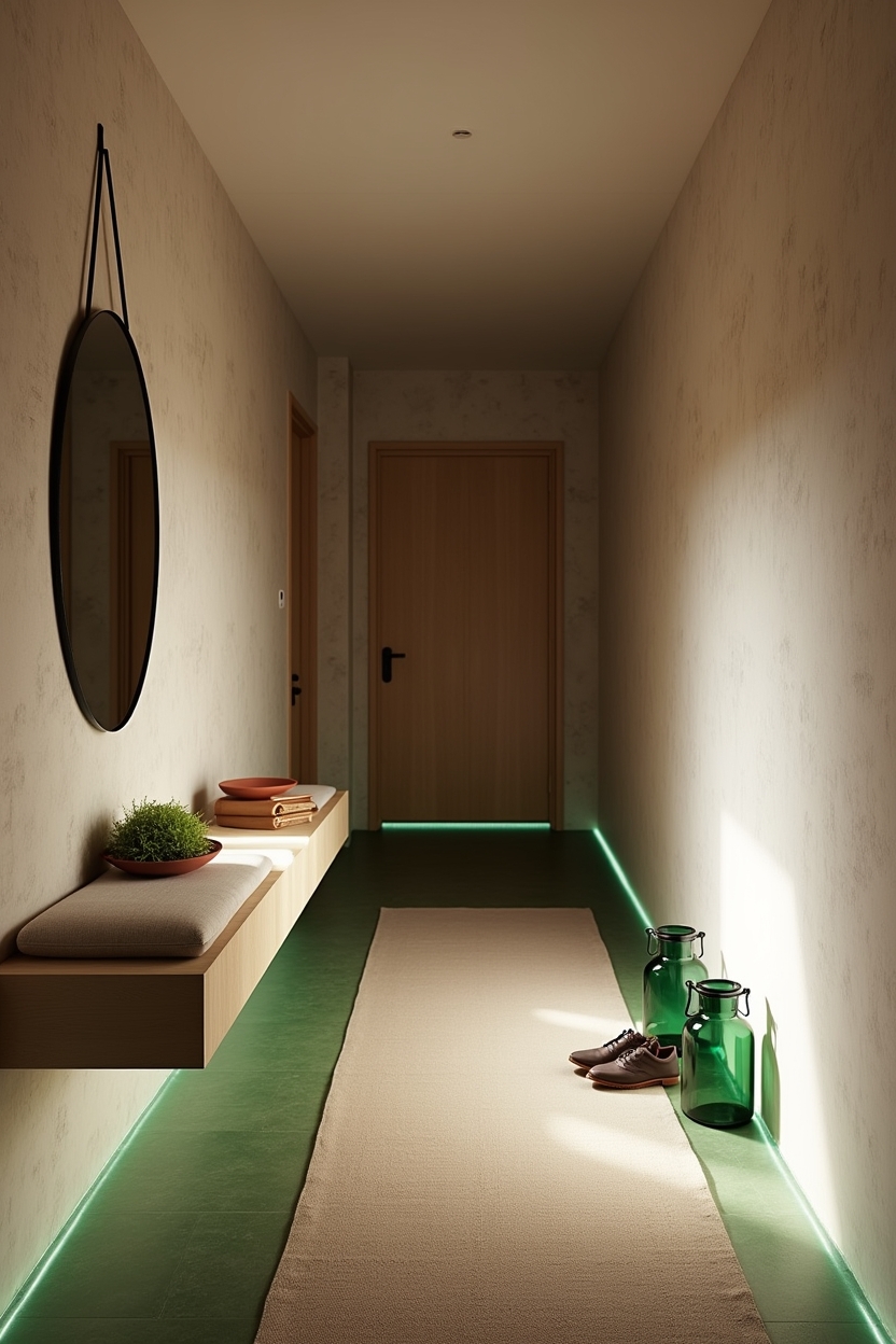 deep green entryway lighting ideas — recessed LED strip under a floating console casting deep-green floor wash featuring hidden recessed LED floor wash