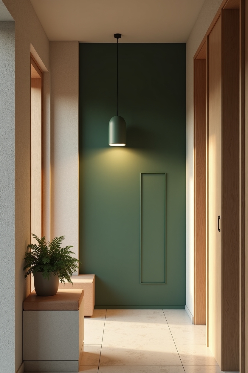 deep green entryway lighting ideas — dimmable smart pendant programmed to a deep-green scene featuring app-controlled color-changing pendant