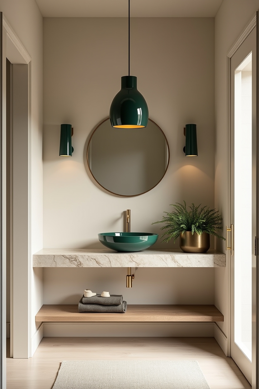deep green entryway lighting ideas — single glossy deep-green glazed pendant with brushed-brass socket featuring glazed ceramic pendant