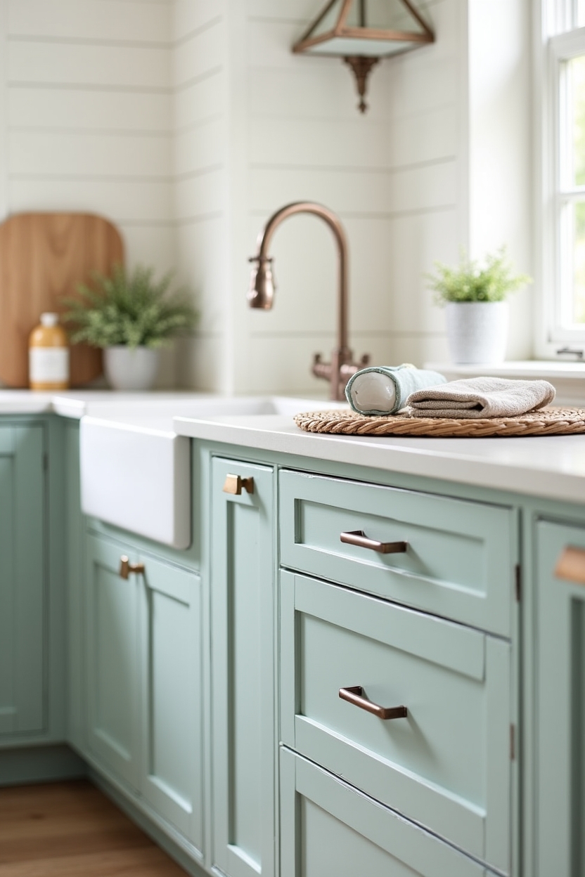aged-brass slim cup pulls on painted shaker drawers home decor