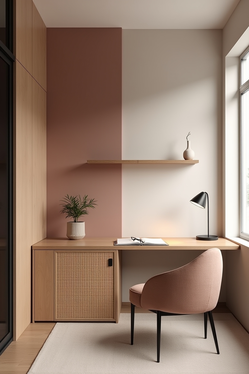 modern budget home office decor — curvy_matte_black_task_lamp featuring curved_rattan_credenza