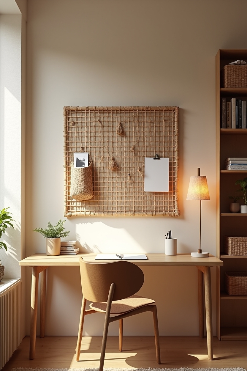modern budget home office decor — macramé_pocket_attached_to_grid featuring woven_rattan_wall_grid