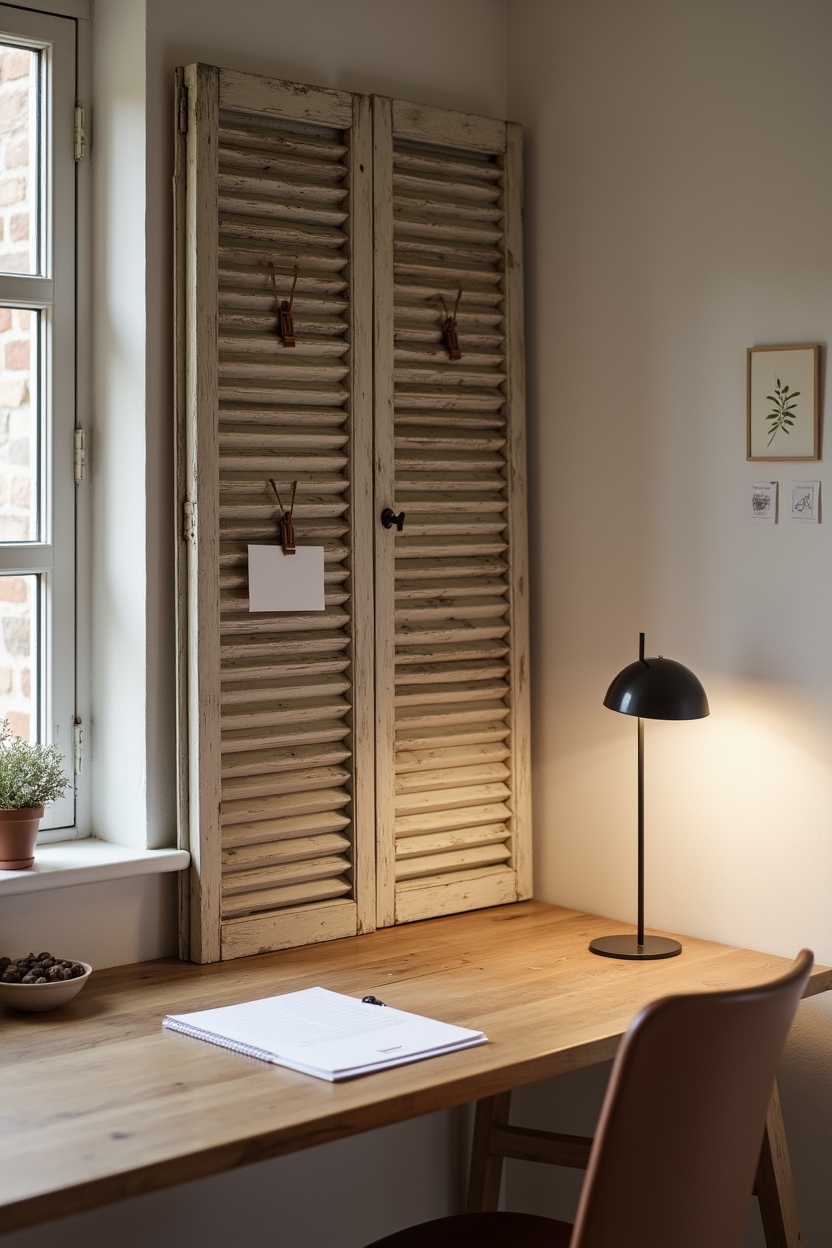 modern budget home office decor — leather-strap_clips_on_shutter featuring reclaimed_shutter_pinboard