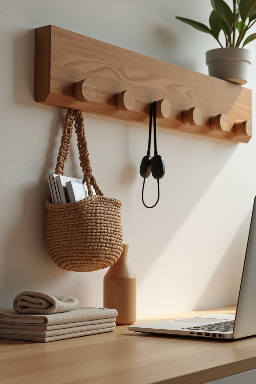 modern budget home office decor — woven_hanging_basket_on_peg featuring hand-carved_sculptural_peg_rail
