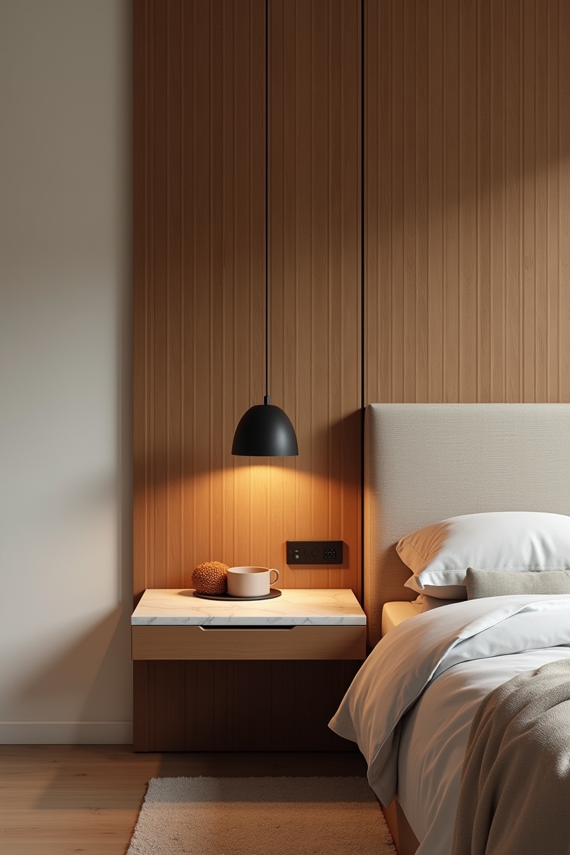 onyx slab floating bedside surface with recessed matte switch home decor