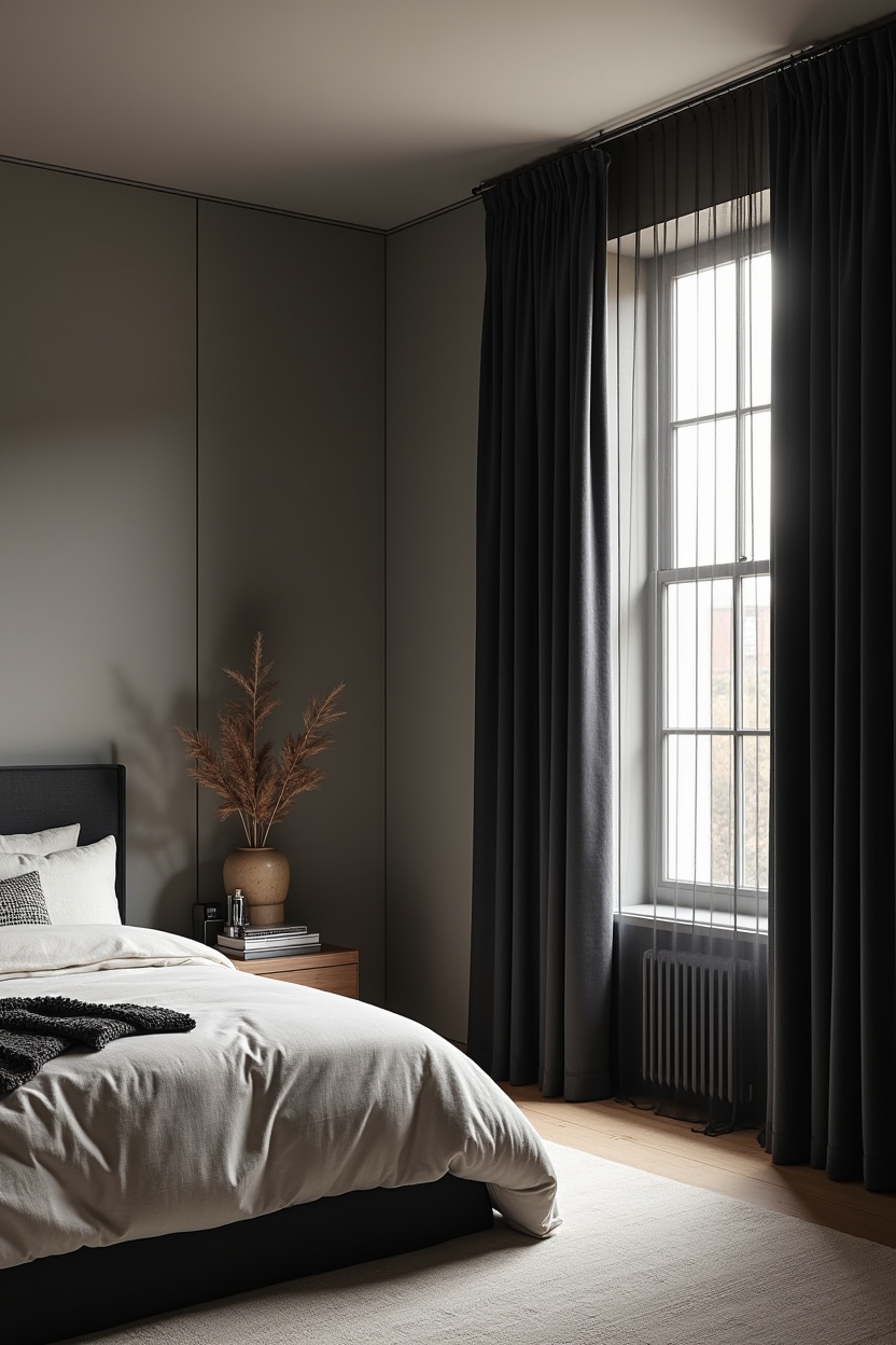 layered translucent black linen sheers with blackout velvet drapery home decor