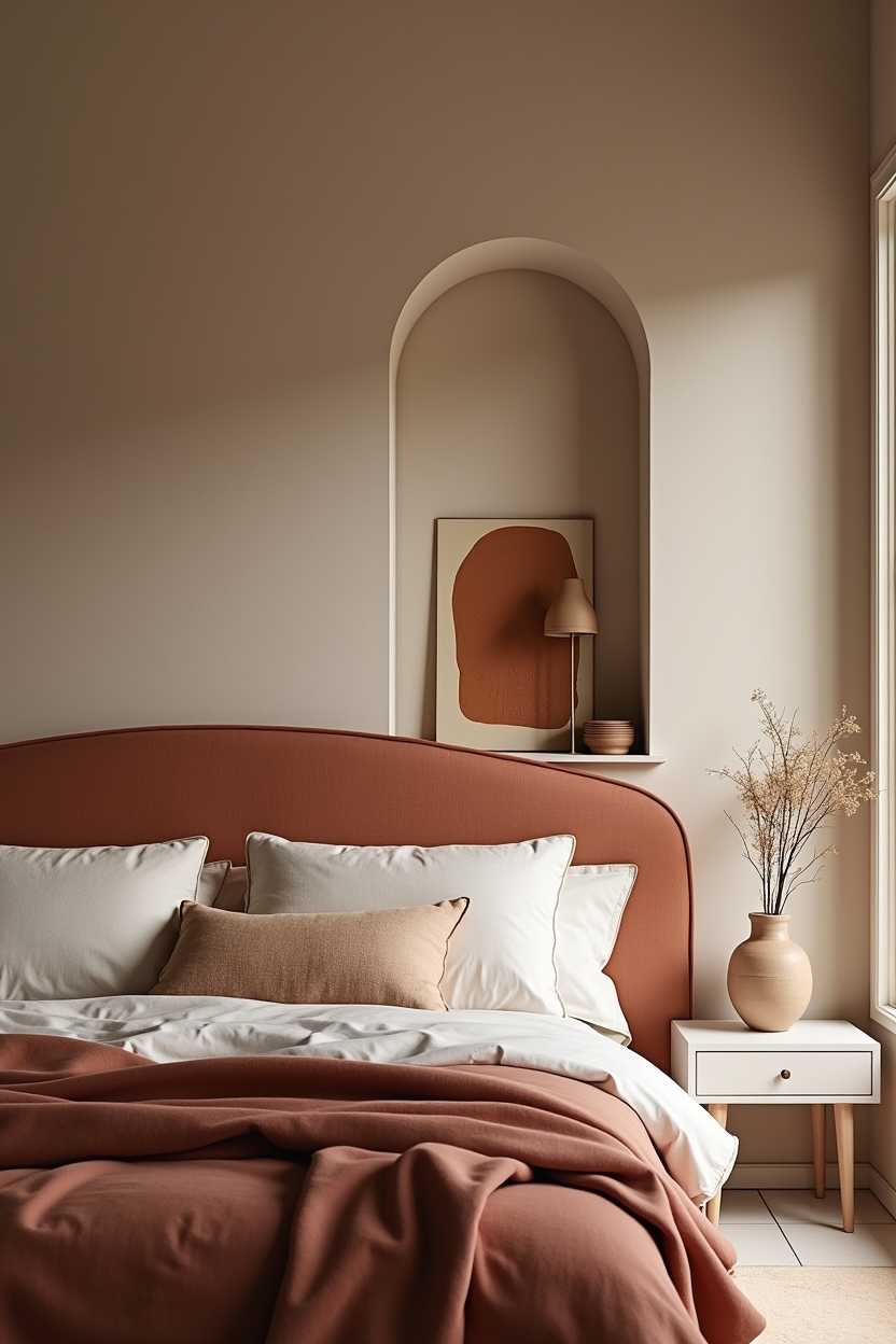 curved linen-upholstered headboard in warm clay home decor