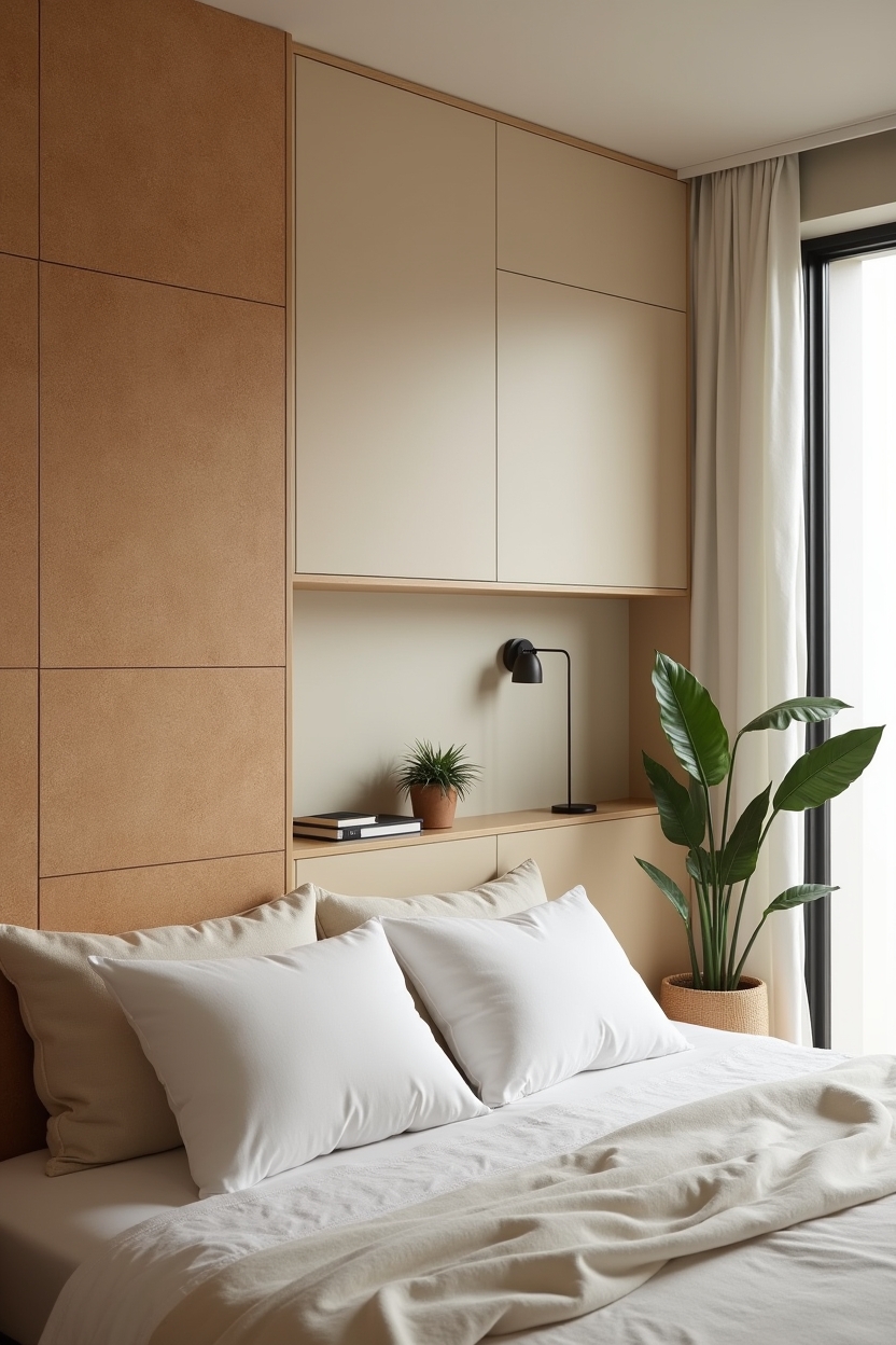 two-tone modular cork and bamboo headboard with asymmetry home decor
