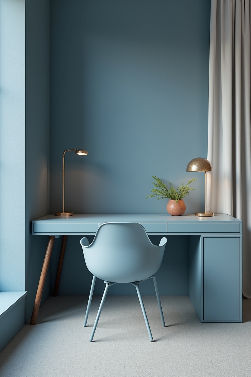 dusty blue apartment office ideas — fully coordinated dusty blue desk-chair-lamp set featuring all-dusty-blue micro studio commitment