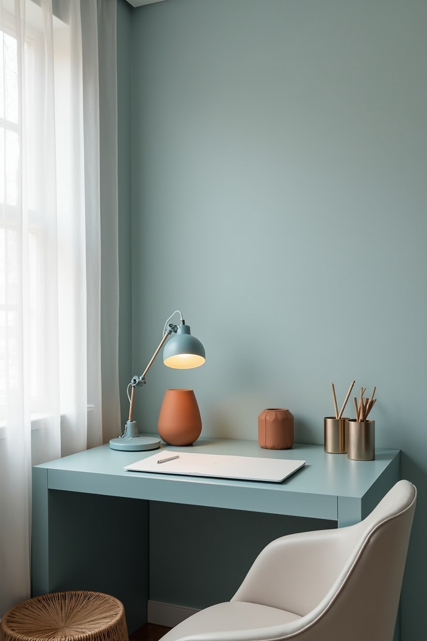 dusty blue apartment office ideas — small dusty blue desk with matched desk mat and organizers featuring monochrome dusty blue desk vignette