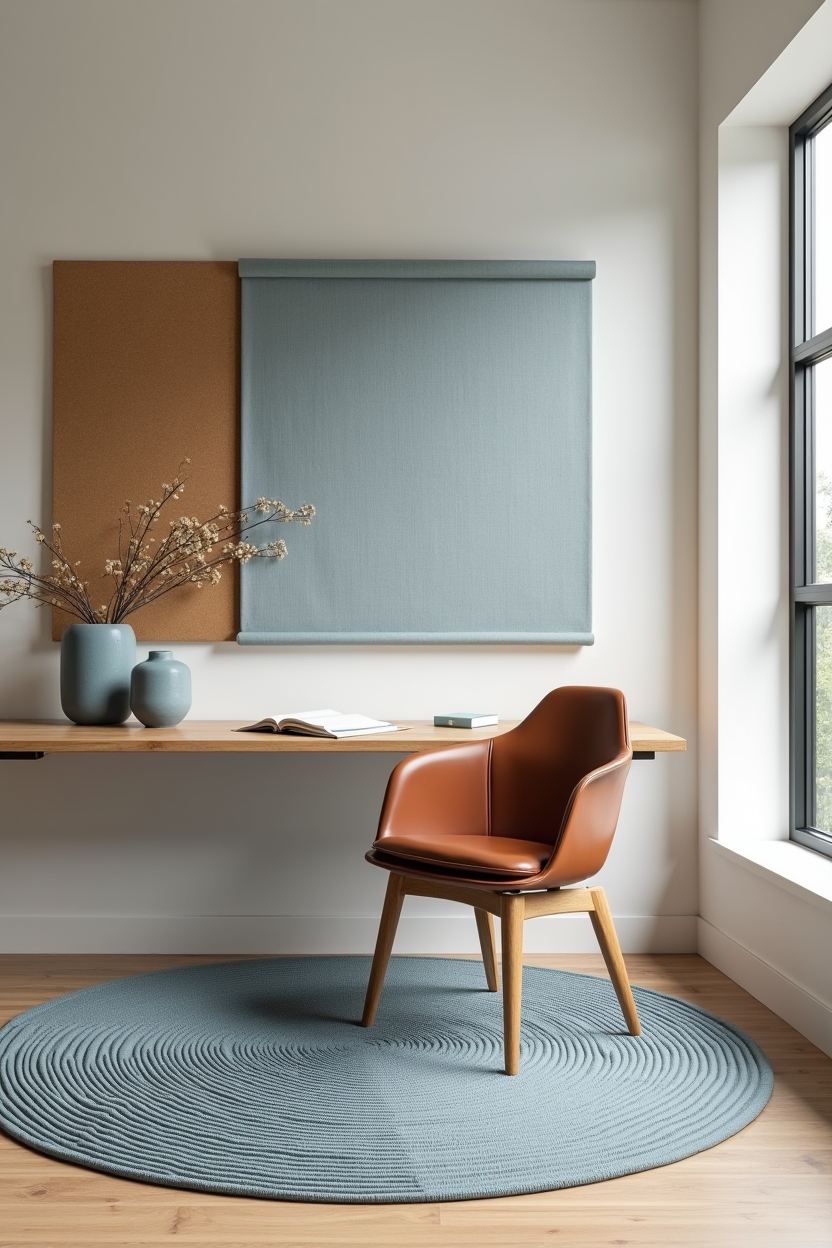dusty blue apartment office ideas — low-pile woven dusty blue rug positioned under a wall-mounted floating desk featuring textured dusty blue woven rug under floating desk