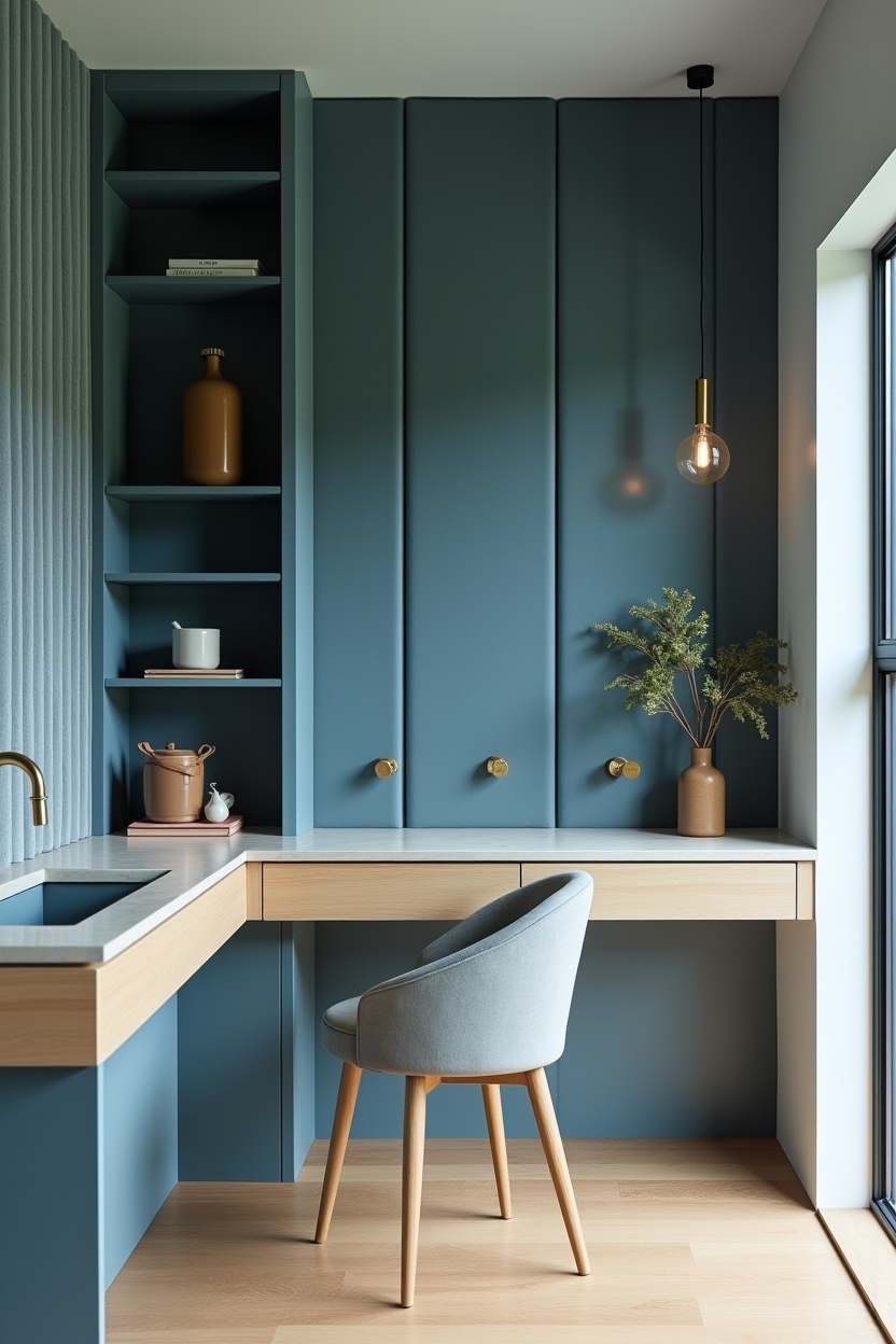 dusty blue apartment office ideas — vertical-cut dusty blue velvet wall panel featuring dusty blue velvet accent wall
