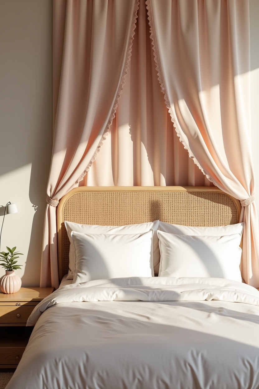 pearlescent-painted rattan headboard with macramé trim home decor