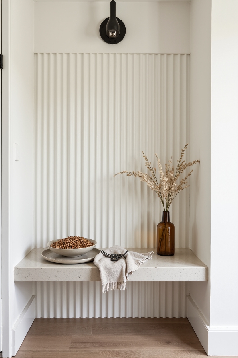 soapstone entryway bench ideas — fluted_plaster_panel featuring fluted_plaster_backdrop