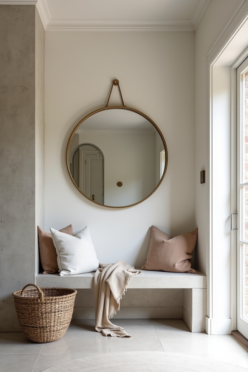 soapstone entryway bench ideas — oversize_rounded_mirror featuring oversize_rounded_mirror_and_pegs