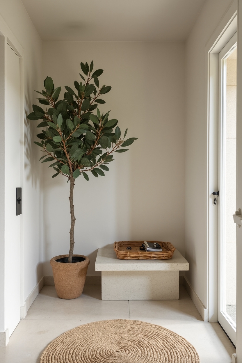 soapstone entryway bench ideas — potted_olive_tree featuring living_greenery_nook
