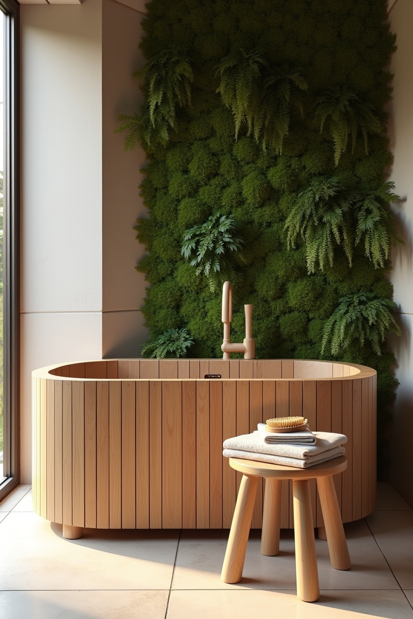 luxury spa room decor — cedar soaking tub featuring outdoor-adjacent cedar soaking tub