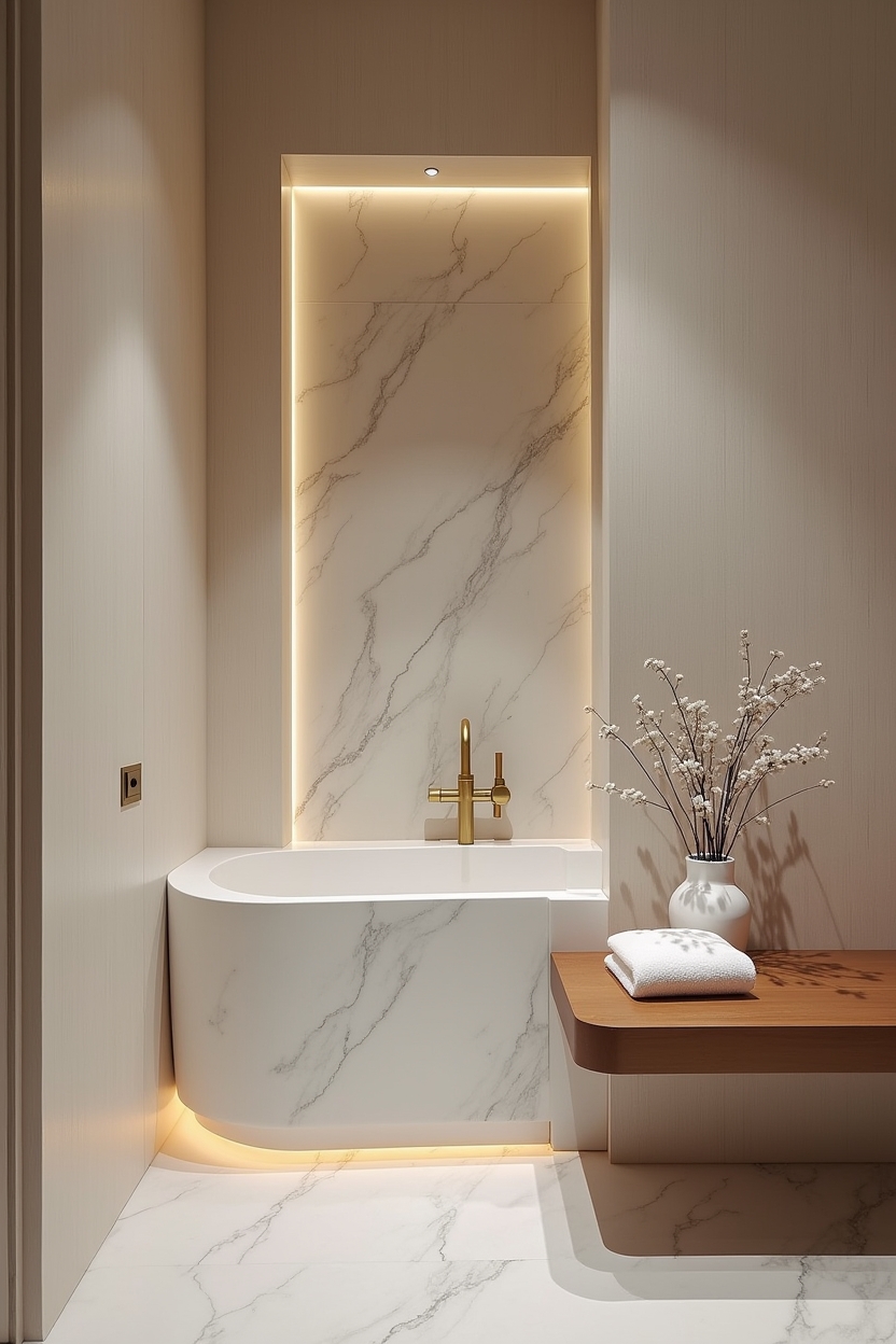 luxury spa room decor — wall-mounted brass filler featuring bookmatched Carrara marble soaking niche
