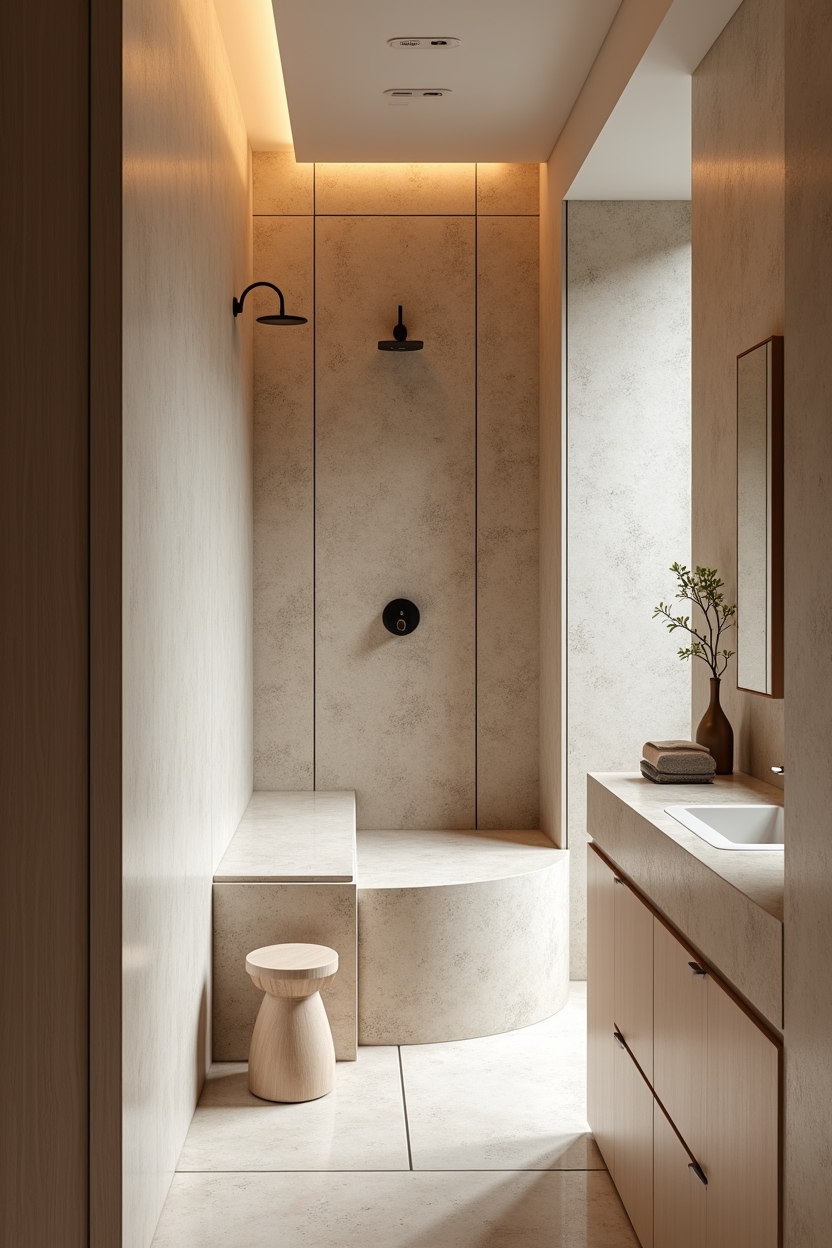 luxury spa room decor — matte-brass rain head (sculptural faucet) featuring large-format terrazzo steam shower with recessed bench