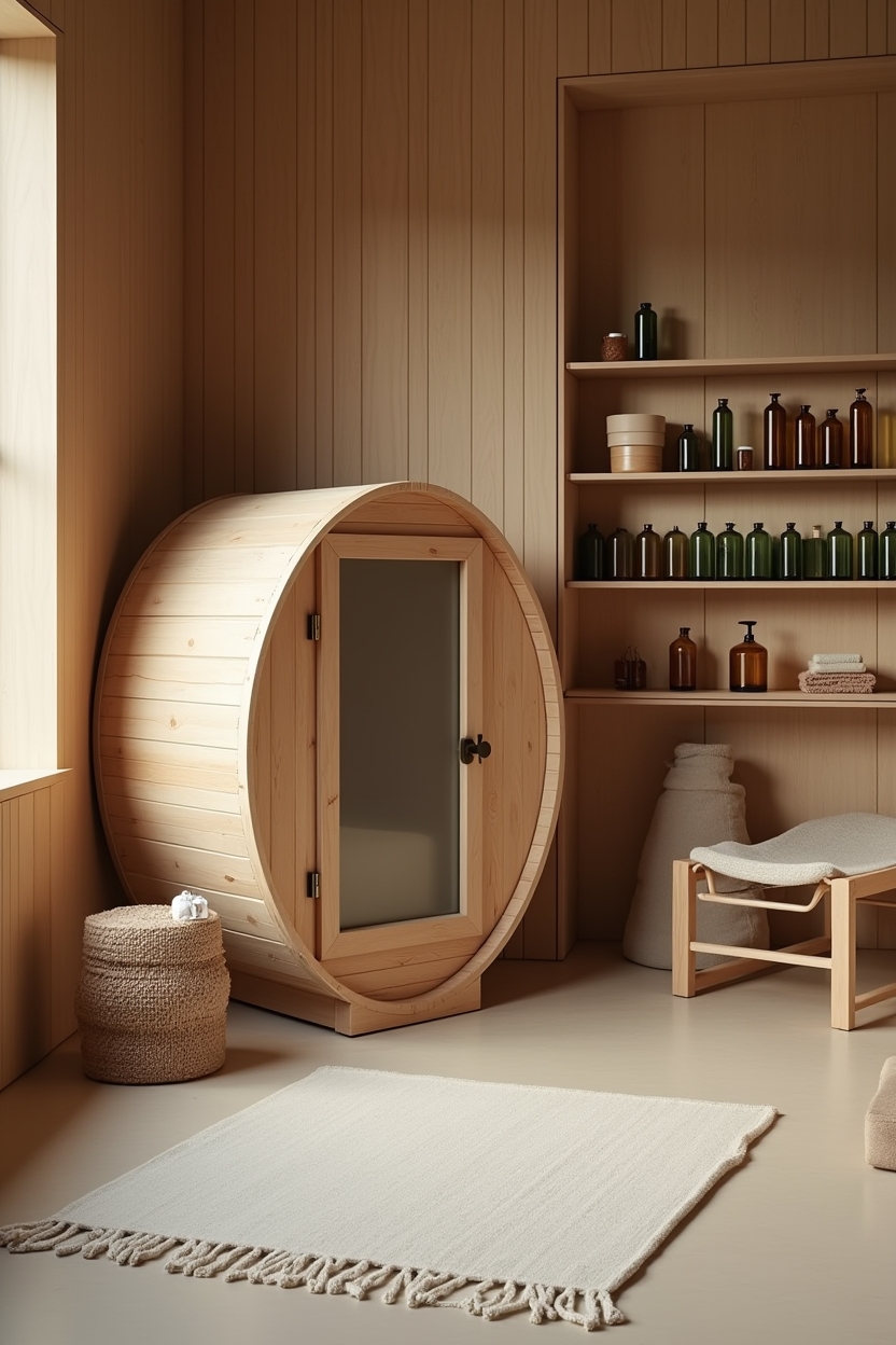 luxury spa room decor — barrel sauna with frosted glass door and brass hardware featuring portable barrel sauna pod