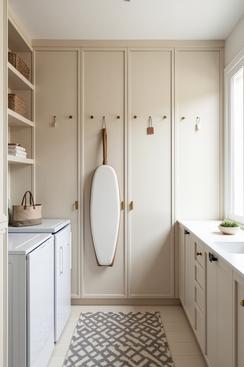 white oak laundry room cabinet ideas — brass hooks with small brass tags or chalkboard labels featuring framed white oak hook panels used as gallery storage