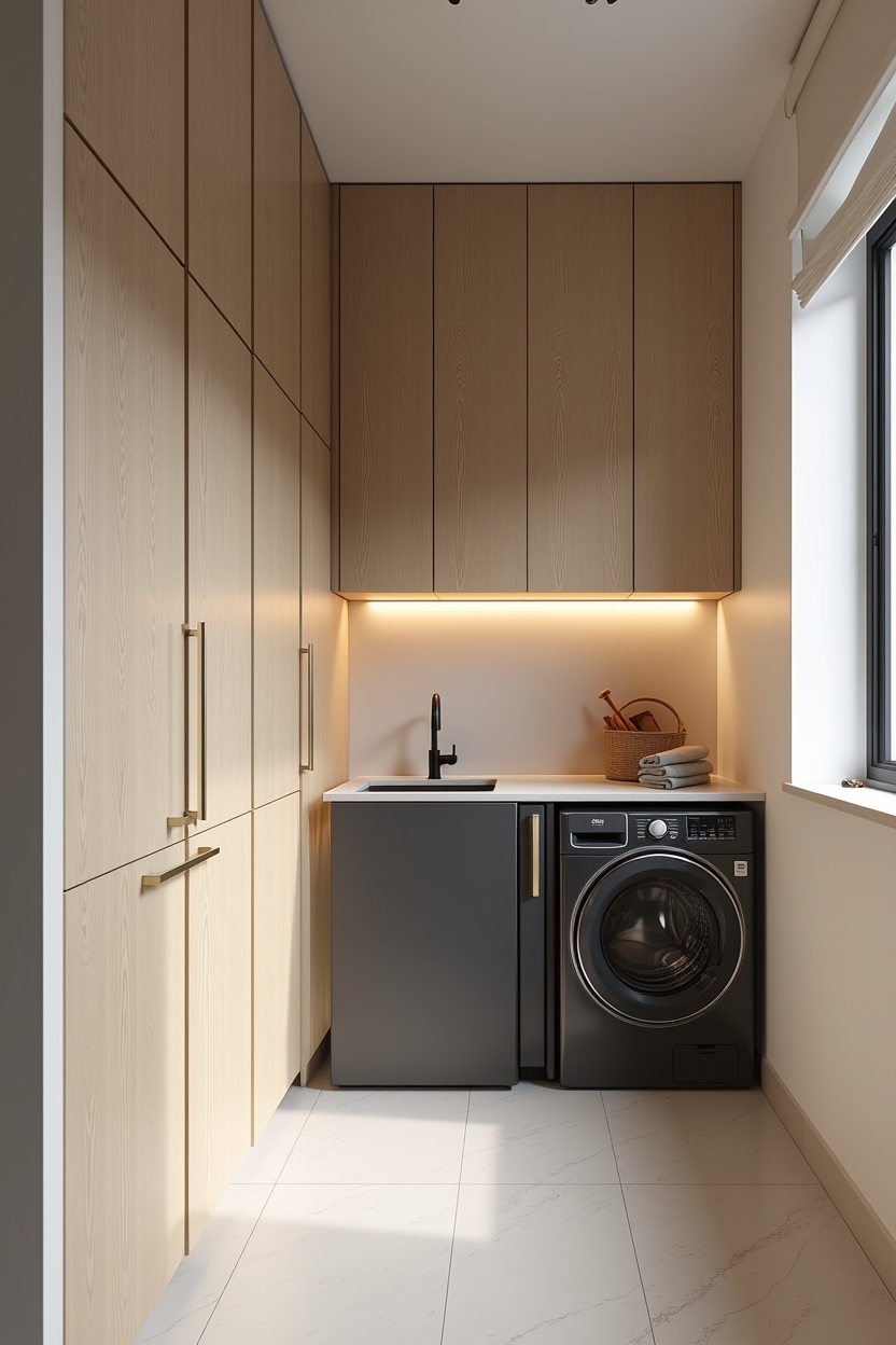 white oak laundry room cabinet ideas — matte black washer panels featuring full-height white oak cabinetry with continuous grain