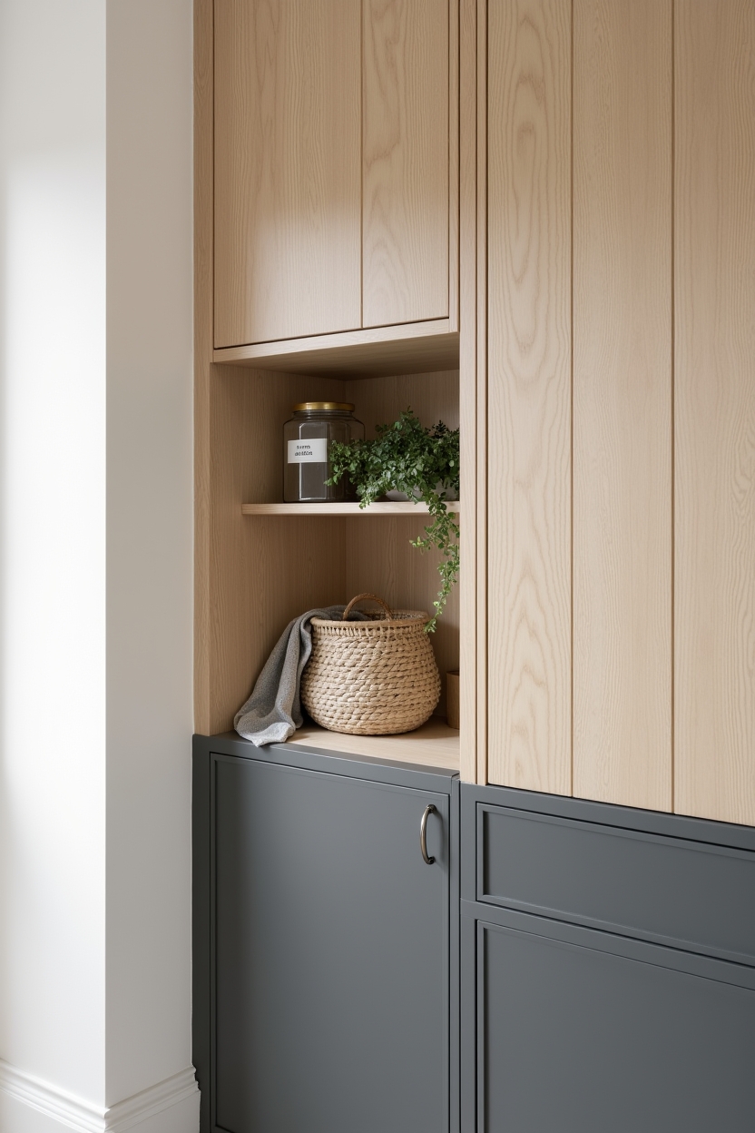 white oak laundry room cabinet ideas — stacked wicker basket and labeled glass jar in niche featuring open niche carved into white oak cabinet run