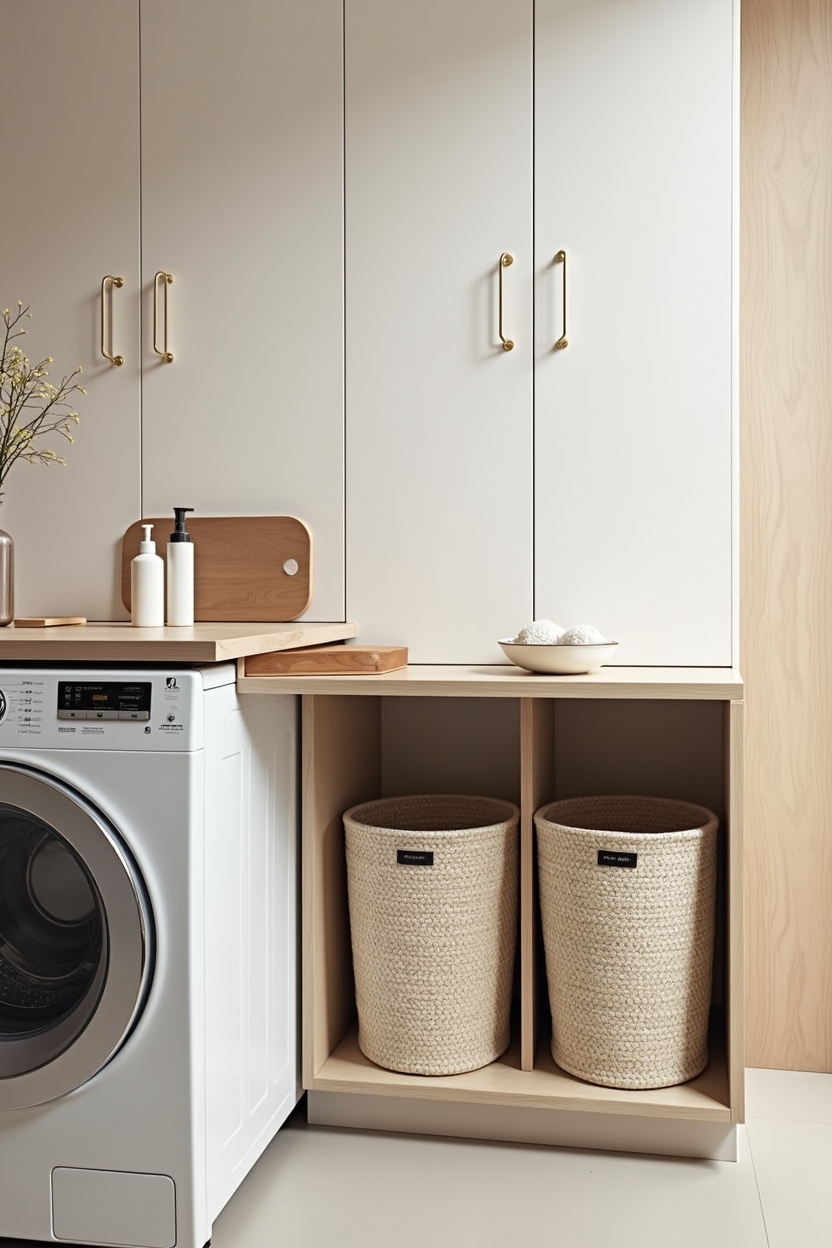 white oak laundry room cabinet ideas — woven removable hamper basket in a cubby featuring integrated folding counter over washer with recessed hamper cubby