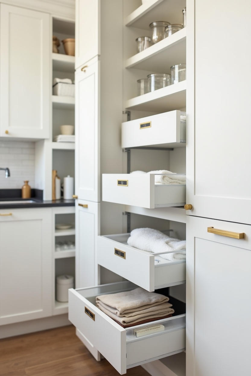 tall frosted-glass pull-out bins with matte brass handles home decor