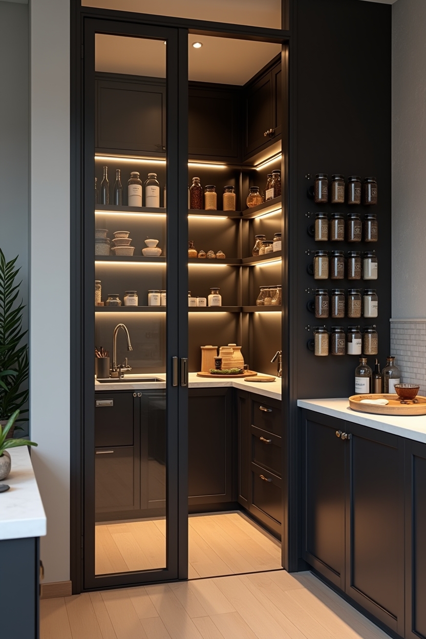 LED-lit clear-front pantry door display with concealed shelf strips home decor