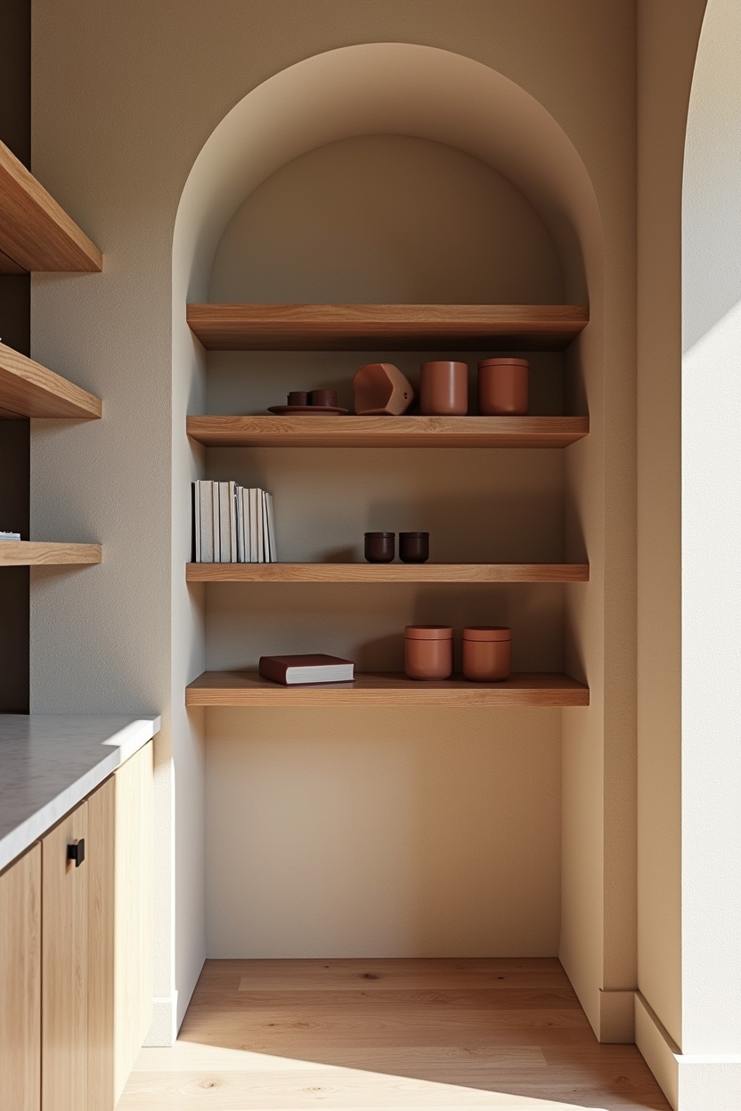 arched recessed niche with staggered oak floating shelves home decor