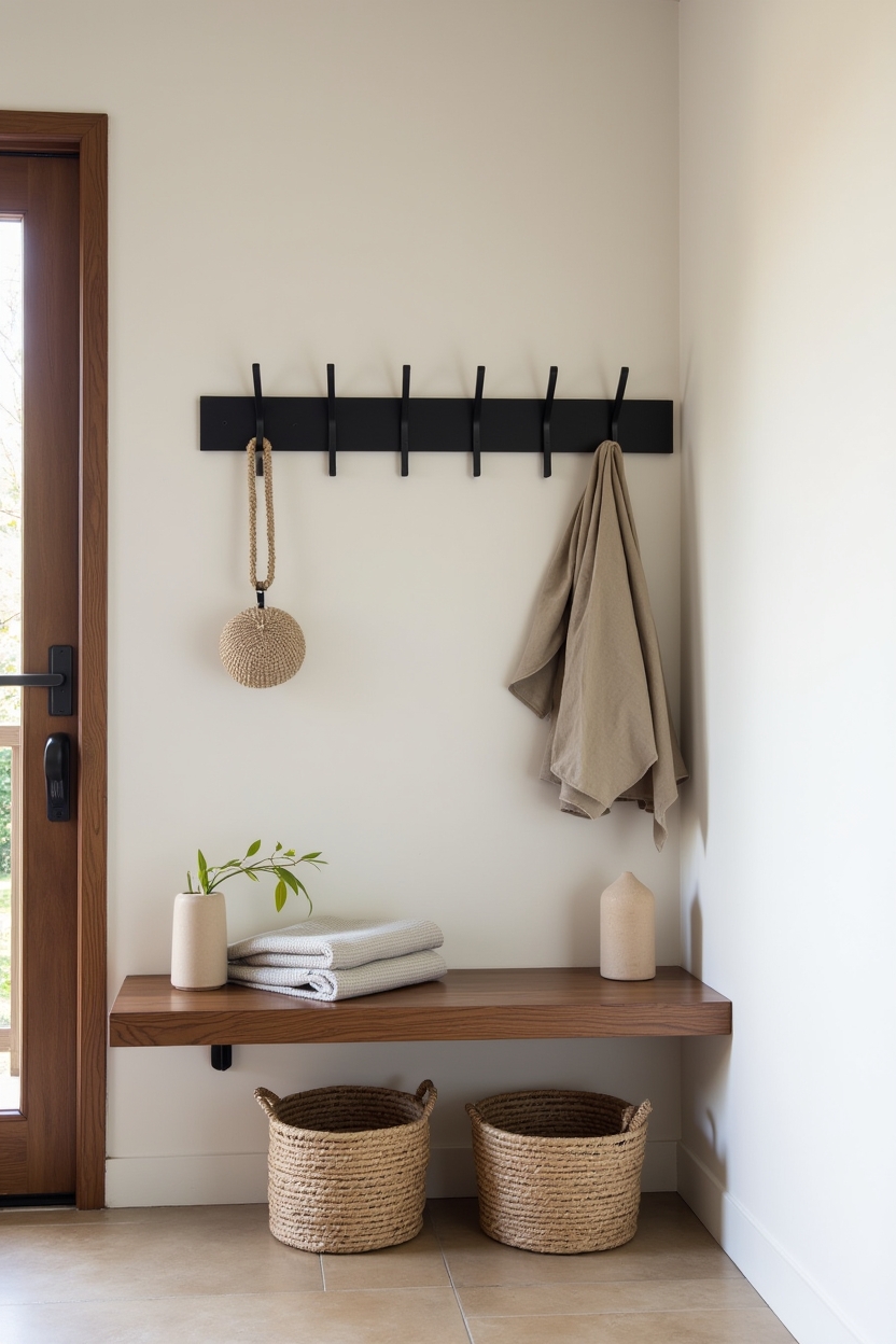 japandi entryway storage ideas — slim walnut bench featuring floating_bench