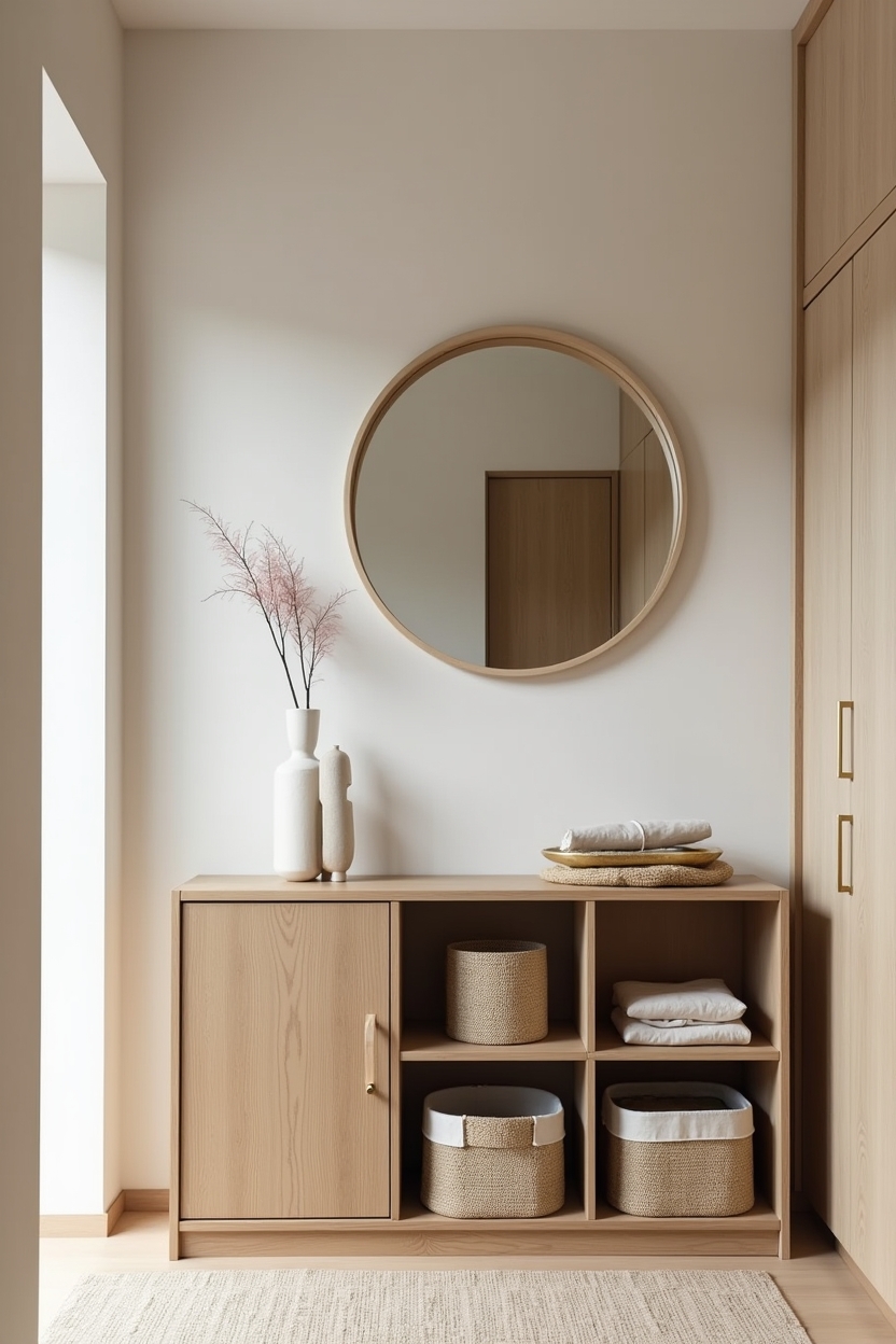 japandi entryway storage ideas — bleached oak console featuring asymmetrical_console