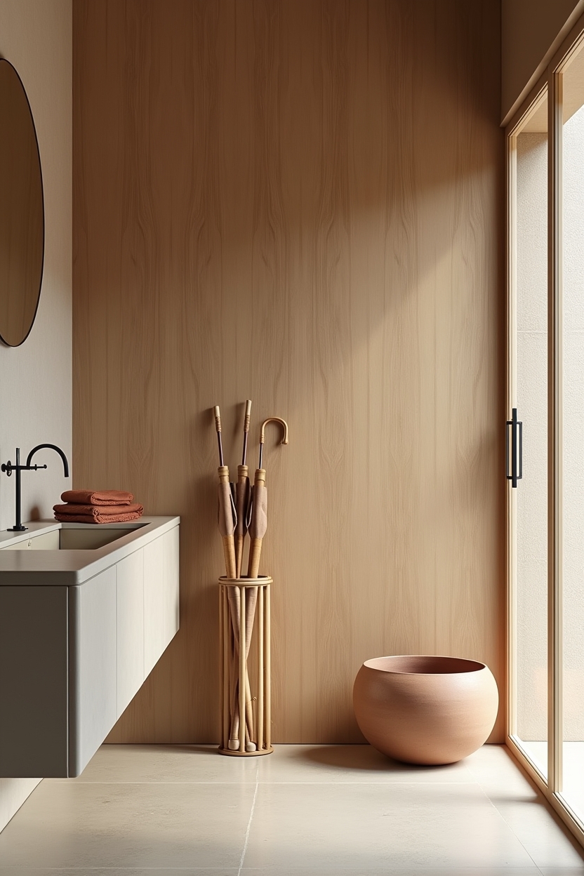 japandi entryway storage ideas — thin vertical bamboo stand featuring umbrella_rack