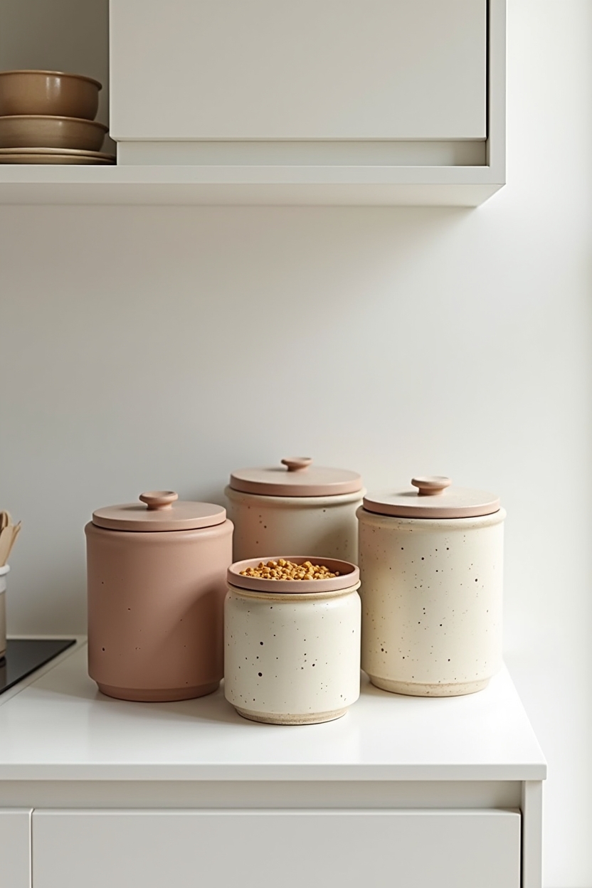 curated grouping of three to five mismatched vintage ceramic canisters displayed as a cohesive counter vignette with varied sizes and earthy tones home decor