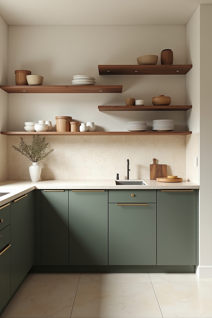 floor-to-ceiling zellige tile backsplash in warm ivory rising behind open upper shelving with lower cabinets in deep olive home decor