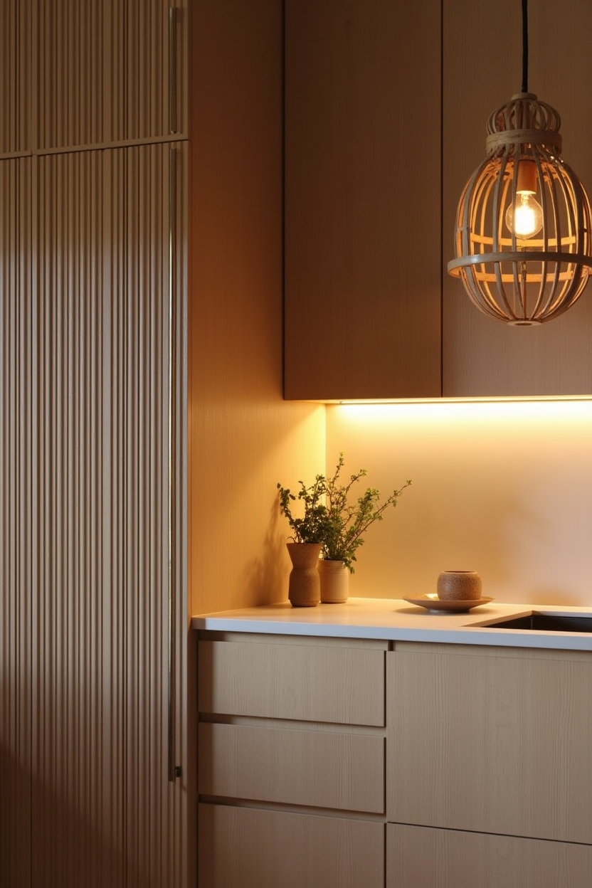 oversized sculptural rattan orb pendant hung low over a prep counter flanked by a fluted oak wood panel accent wall home decor