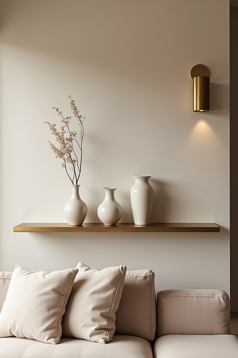 timeless luxury small living room ideas — slim floating brass ledge with styled ceramic vases featuring matte-brass floating display ledge