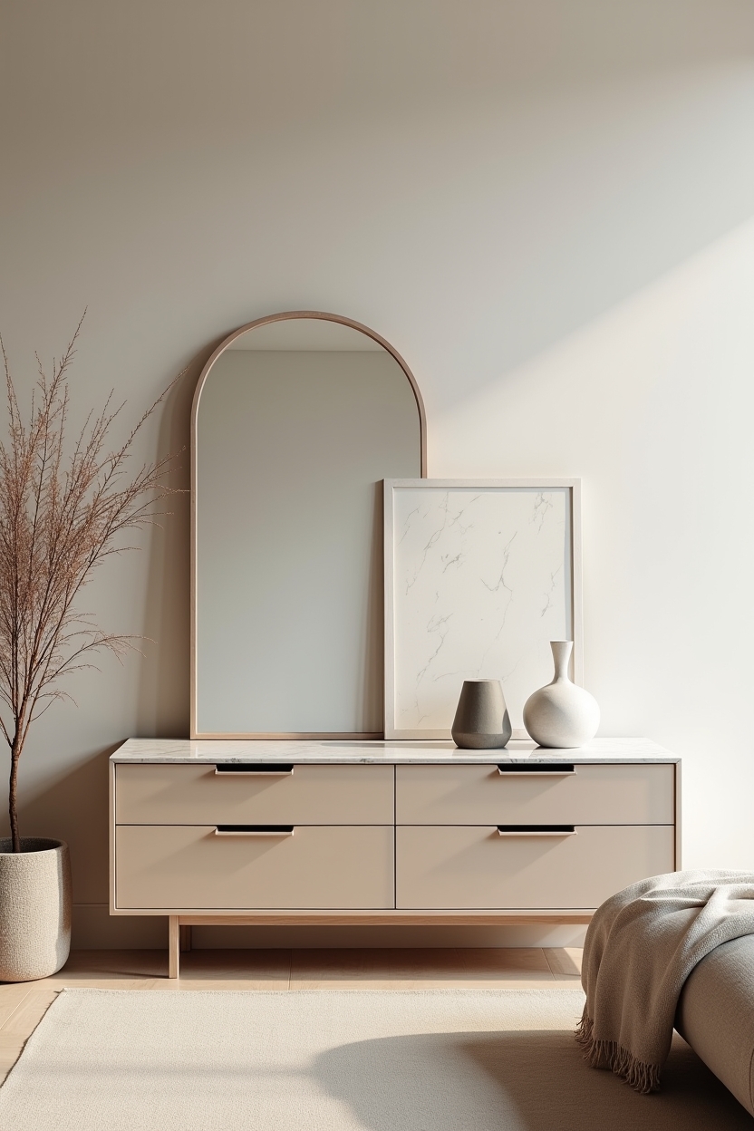 timeless luxury small living room ideas — marble-top console table featuring slim-profile marble-top console with concealed drawers