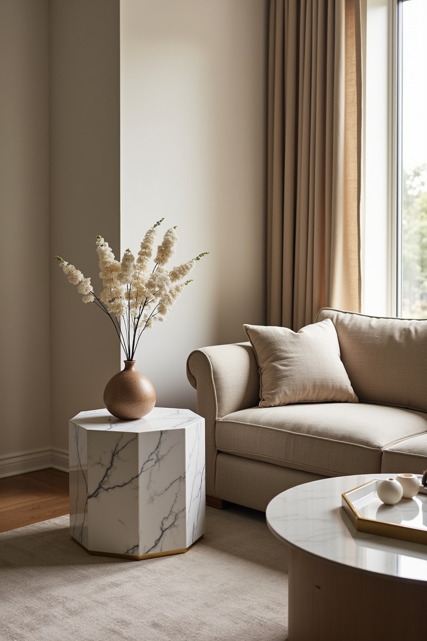 timeless luxury small living room ideas — hexagonal micro-marbled side table featuring micro-marbled hex side table with thin brass rim