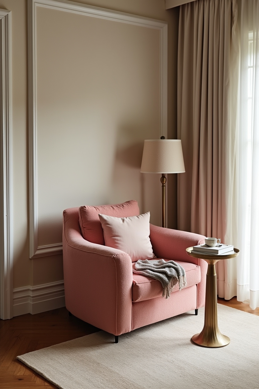 timeless luxury small living room ideas — low jewel-toned boucle chair featuring sunken jewel-toned boucle reading chair