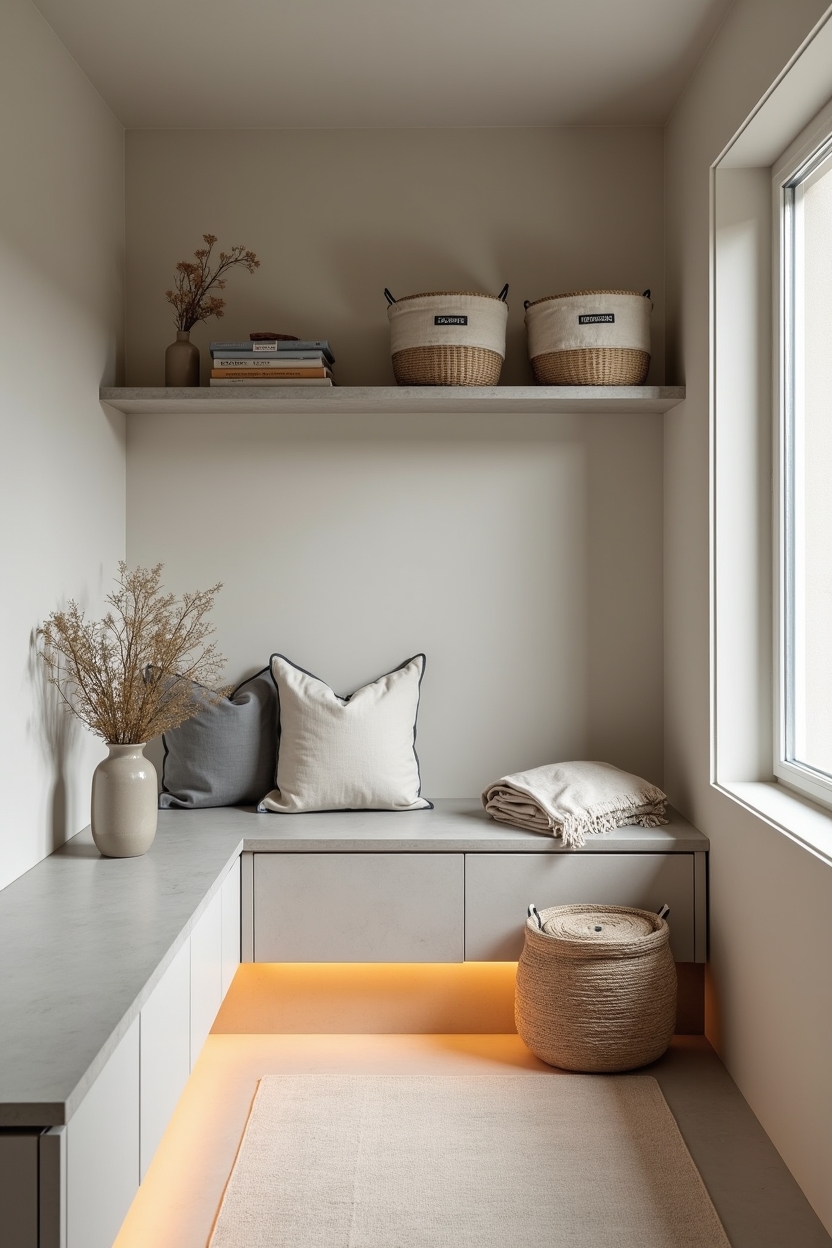 concrete laundry room folding station ideas — polished micro-concrete bench with pull-out hamper featuring polished concrete bench with hidden hamper and recycled concrete floating shelf