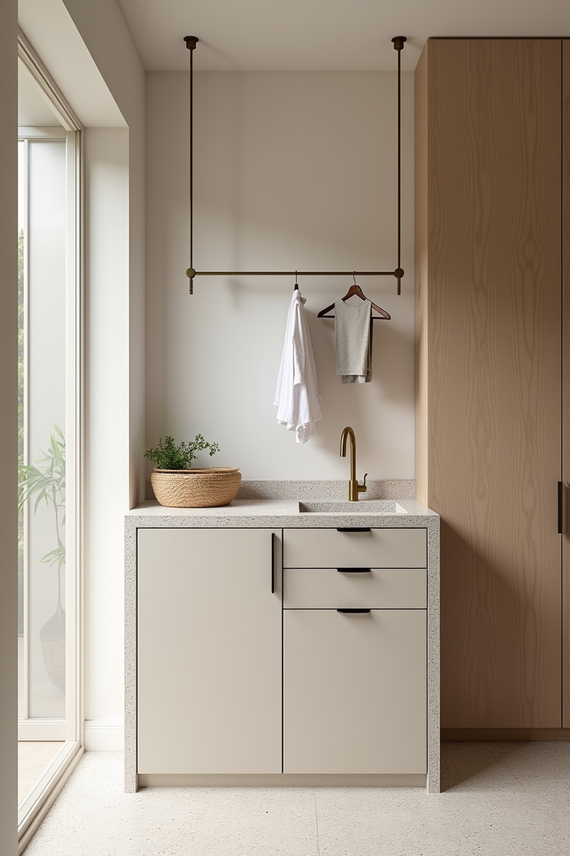 concrete laundry room folding station ideas — terrazzo-inlaid concrete island with brass drying rod featuring compact terrazzo-inlaid concrete island with drying rod